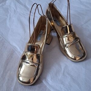 PRADA Metallic Gold Patent Leather Heeled Loafers 40/10